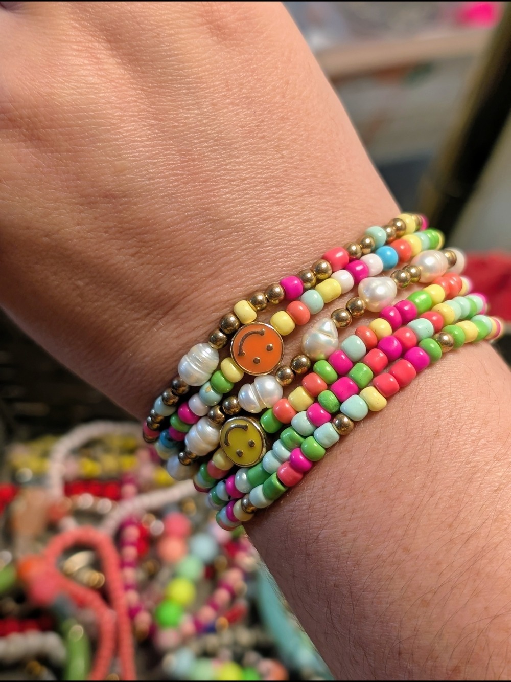 Multicolor Beaded Smile Face Stackable Bracelet Set